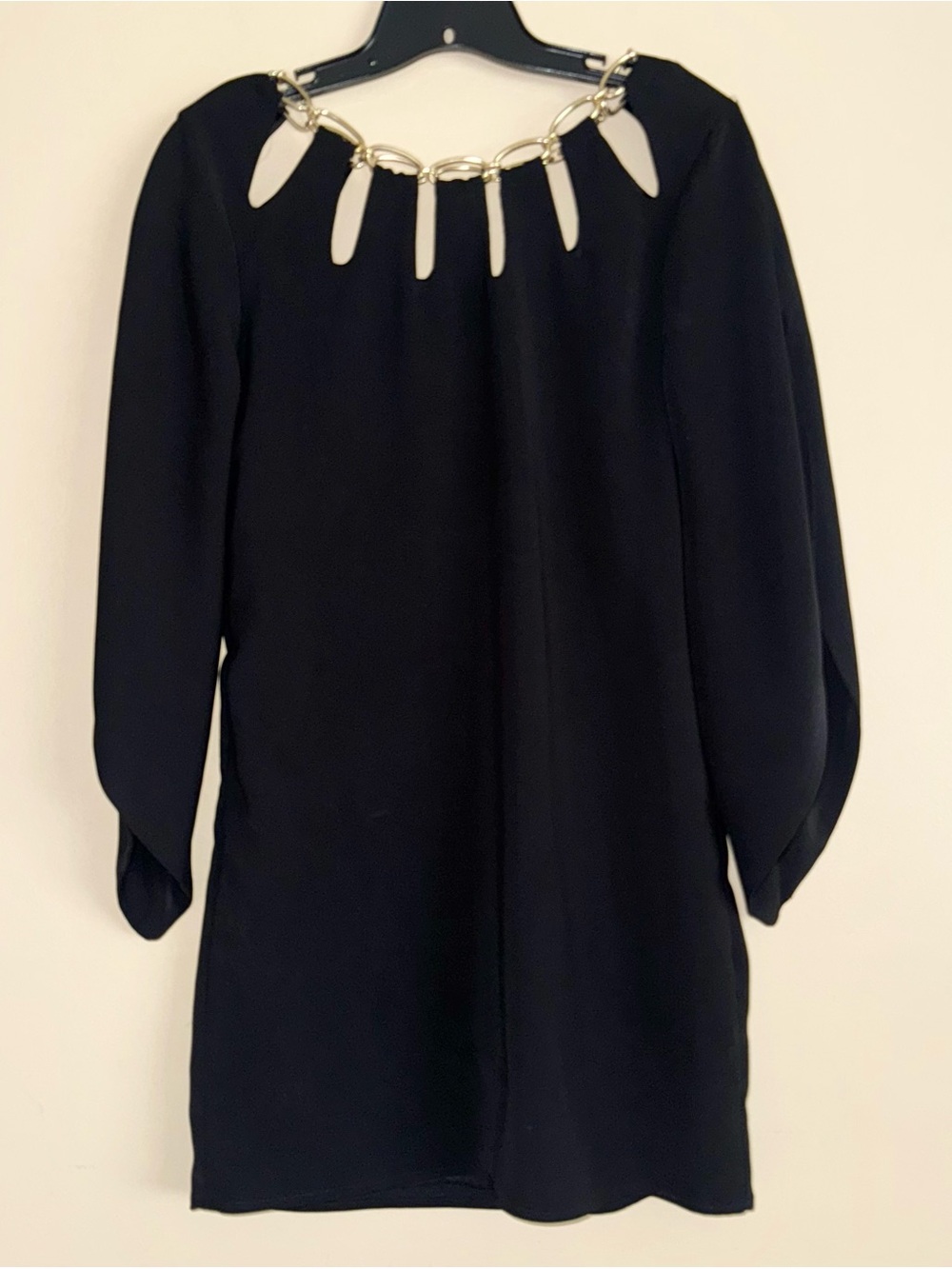 LANVIN Paris Black Gold Chain Neckline Dolman Sleeves Knee Length Dress Size 40